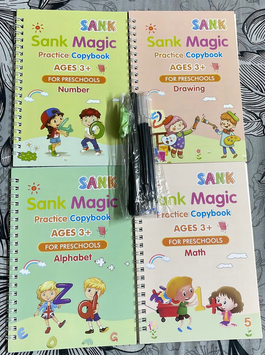 Sank Magic Practice Copybook Set – 4 Pcs Reusable Handwriting Practice Books With 10 Refills for Kids with Magic Ink Technology